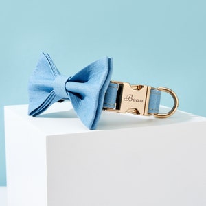 Denim Dog Collar Leash Bow Full Set, Personalized Denim Fabric Collar with Engraved Name,Small Boy Puppy Collar,Summer Dog Collar and Leash Collar+Bowtie