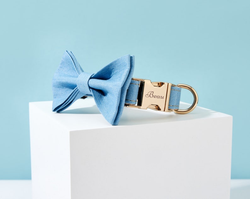 Denim Dog Collar Leash Bow Full Set, Personalized Denim Fabric Collar with Engraved Name,Small Boy Puppy Collar,Summer Dog Collar and Leash Collar+Bowtie