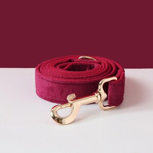 May include: Burgundy velvet dog leash with a gold metal clasp.
