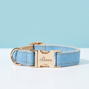Denim Dog Collar Leash Bow Full Set, Personalized Denim Fabric Collar with Engraved Name,Small Boy Puppy Collar,Summer Dog Collar and Leash Collar Only