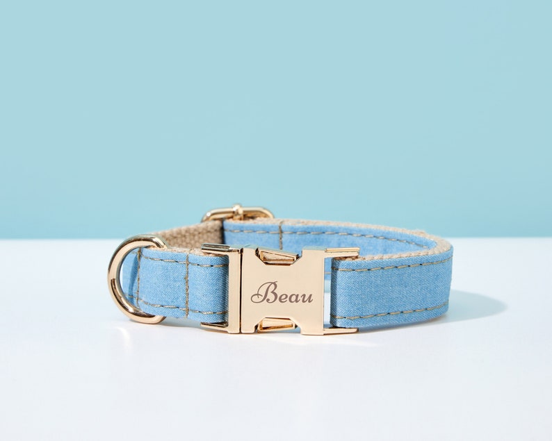 Denim Dog Collar Leash Bow Full Set, Personalized Denim Fabric Collar with Engraved Name,Small Boy Puppy Collar,Summer Dog Collar and Leash Collar Only