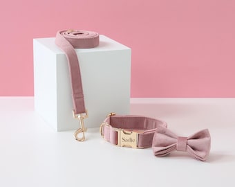 Dusty Pink Velvet Dog Collar and Leash Set with Bow tie, Personalised Wedding Dog Dress, Engraved Pet Name Plate Buckle