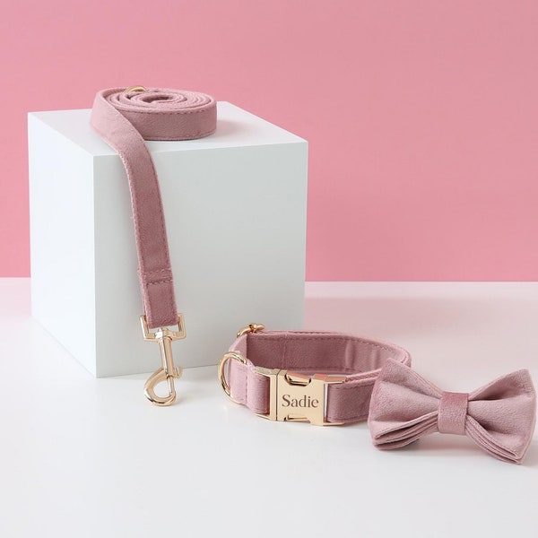 Stoffige roze fluwelen halsband en riem set met vlinderdas, gepersonaliseerde hondentrouwjurk, gegraveerde huisdiernaambordje gesp