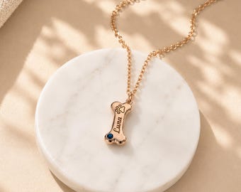 Personalized Pet Necklace, Bone Name Necklace, Custom Dog Necklace, Engraved Pet Name Jewelry, Birthstone Gift for Dog Mom