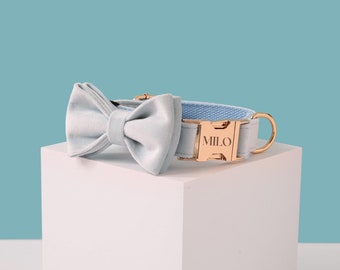 Baby Blue Personalized Dog Collar Bow, Dog Collar and Lead, Large Dog Small Puppy, Thick Velvet Collar,Wedding Dog Collar, Dog Lover Gift UK
