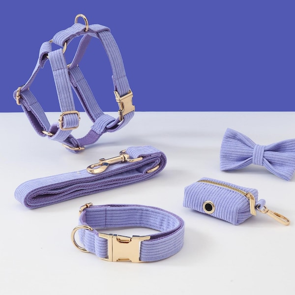 Ensemble personnalisé de harnais et de laisse pour chien, lilas personnalisé en velours côtelé collier de harnais pour chien Bowtie Poo Bag Holder, harnais sans traction pour chiot garçon