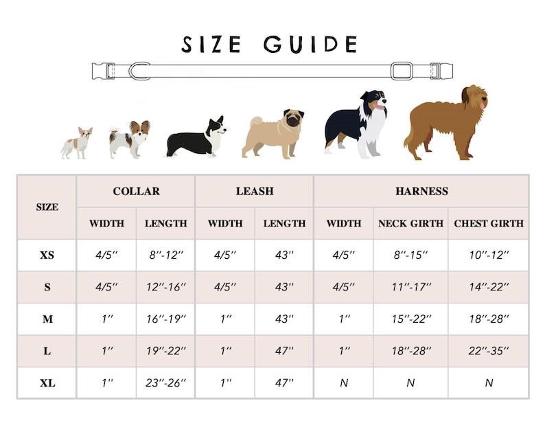 May include: Size guide chart for dog collars, leashes, and harnesses. The chart shows the size, width, length, neck girth, and chest girth in inches. The chart is illustrated with different dog breeds.