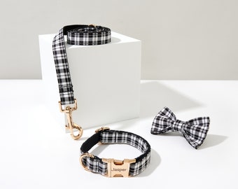 Black Plaid Personalized Dog Collar Bow tie, Tartan Dog Collar for Boy Dog, Wedding Dog Collar,Puppy Collar and Lead Bow, UK Free Shipping