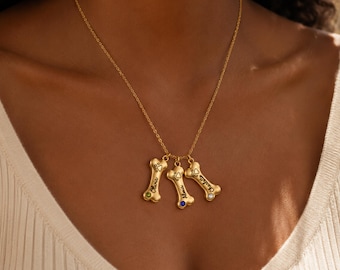 Custom Pet Bone Necklace, Engraved Dog Name Necklace, Personalized Birthstone Jewelry, Dog Mom Necklace, Cat Lover Gifts for Her