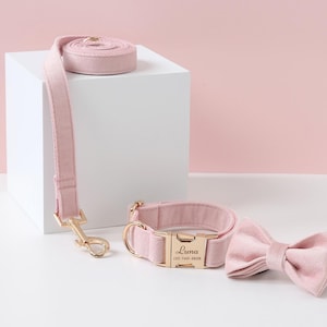 May include: Pink velvet dog collar and leash set with a gold buckle and bow tie. The collar has the name "Luna" and a phone number engraved on the buckle.