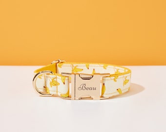 Niedliches personalisiertes Hundehalsband mit Schleife und Leine, Obst Hundehalsband Name / ID graviert Welpen Halsband für Sommer, Gelbe Banane mit Gold Metall