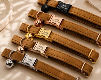 Custom Brown Velvet Cat Collar with Personalized Engraved Buckle for Pet Birthday Gifts