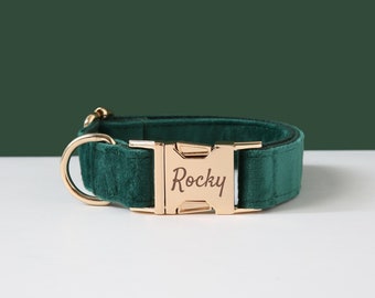 Green Velvet Dog Collar and Leash Bow Tie Dog Gift, Personalised Dog Collar with Name,Custom Boy Puppy Collar and Lead for Girl Dog