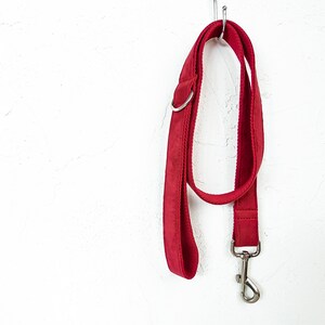 Op de afbeelding: Een rode hondenriem met een zilveren haak die aan een haak aan een witte muur hangt.