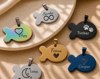 Custom Dog ID Tag with Name and Phone Number, Personalized Fish Shaped Pet Collar Tag