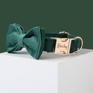 Green Velvet Personalized Dog Collar Bow, Custom Dog Collar,Designer Dog Collar With Name,Thick Velvet Collar, Dog Lover Gift