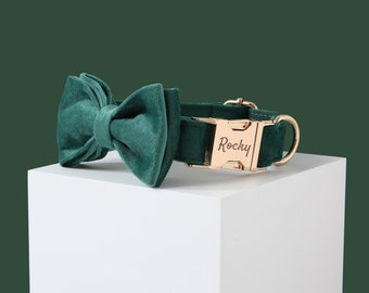 Green Velvet Personalized Dog Collar Bow, Custom Dog Collar,Designer Dog Collar With Name,Thick Velvet Collar, Dog Lover Gift