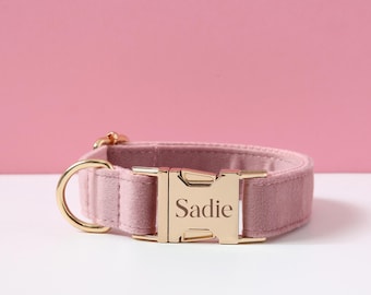 Pink Dog Collar and Leash Bow Tie Dog Gift Set, Velvet Personalised Dog Collar with Name, Custom Puppy Collar and Lead for Girl Dog