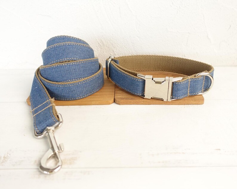 Denim Dog Collar With Bow and Lead Set Personlaized Solid Etsy
