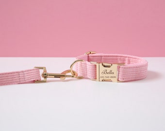 Pink Personalized Dog Collar Lessh Set, Corduroy Dog Collar for Girl Female Dog, Wedding Dog Collar,Puppy Collar and Lead Bow,Free Shipping