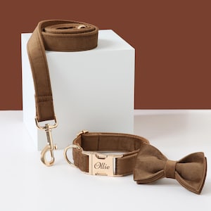 Brown Thick Velvet Dog Bowtie Collar Leash Set, Personalized with Engraved Nameplate, Luxury Designer Collar For Elegant Large Boy Dog