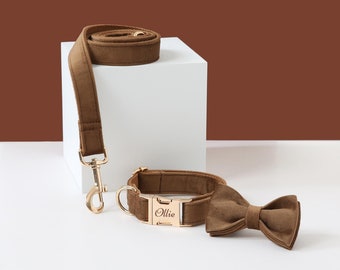 Brown Thick Velvet Dog Bowtie Collar Leash Set, Personalized with Engraved Nameplate, Luxury Designer Collar For Elegant Large Boy Dog