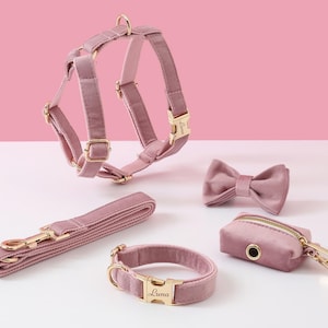 Dusty Pink Velvet Harness and Leash Set, Personalized Harness with Name Collar Bow tie Lead, No Pull Harness Lead for Girl Puppy Dog