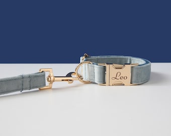 Dusty Blue Dog Collar and Leash Set, Dog Collar and Lead, Large Dog Small Puppy, Thick Velvet Collar,Wedding Dog Collar, Dog Lover Gift UK