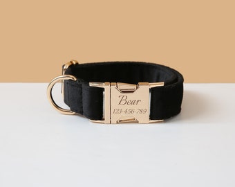Black Dog Collar and Leash Bow Dog Gift, Velvet Personalised Dog Collar with Name, Custom Boy Puppy Collar and Lead