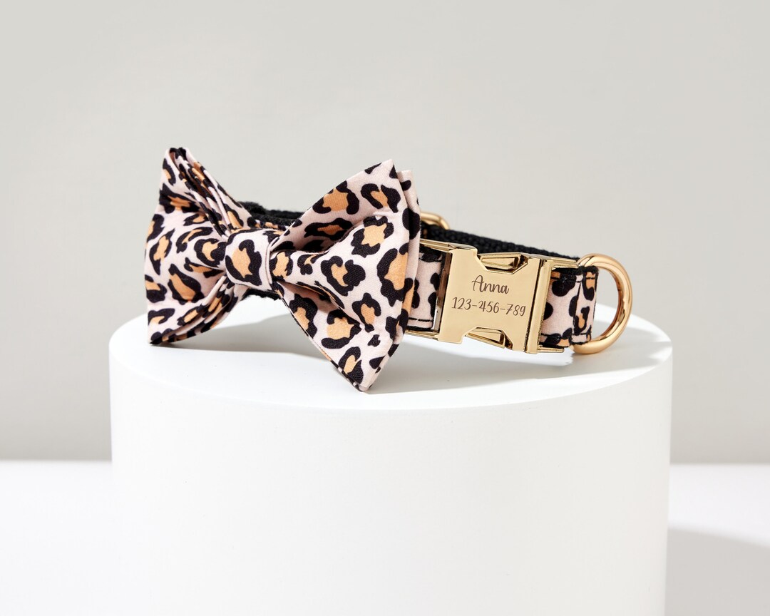 Leopard Dog Collar and Leash Set, Personalized Pet Name ID Engraved on