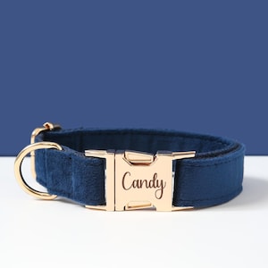 Navy Blue Dog Collar, Personalized Puppy Collar with Engraved Name Plate, Thick Velvet Metal Buckle Collar Leash Bow for Wedding Dog image 3