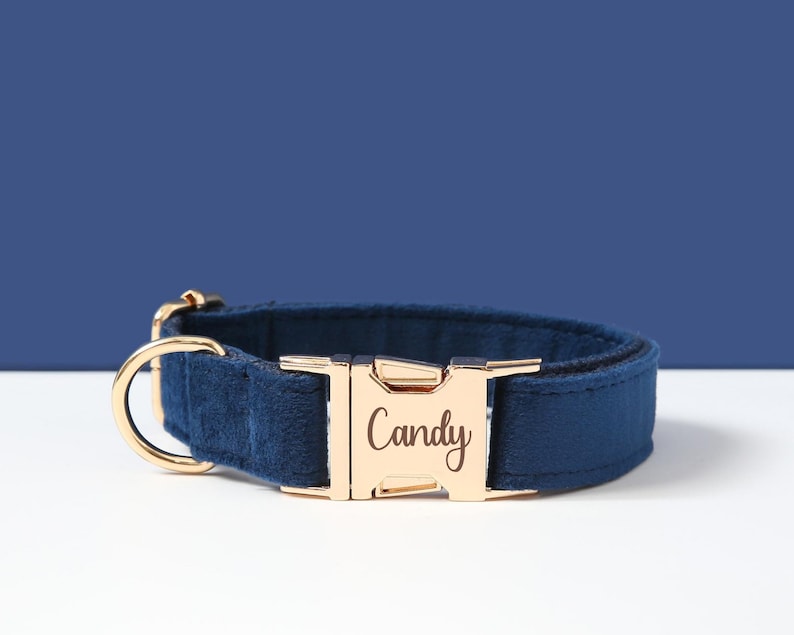 Navy Blue Dog Collar, Personalized Puppy Collar with Engraved Name Plate, Thick Velvet Metal Buckle Collar Leash Bow for Wedding Dog image 3