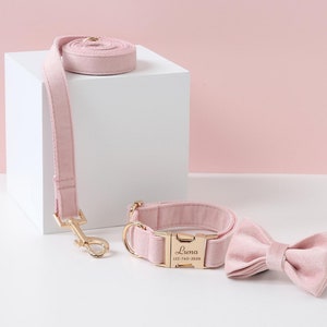 Baby Pink Velvet Dog Collar and Lead Set with Bow tie,Personalise Wedding Dog outfit, Collar Leash Set for Puppies,Gold Engraved Name Buckle