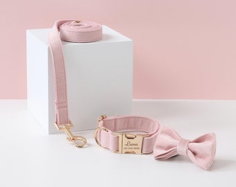 Baby Pink Velvet Dog Collar and Lead Set with Bow tie,Personalise Wedding Dog outfit, Collar Leash Set for Puppies,Gold Engraved Name Buckle