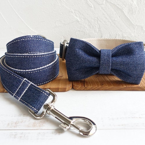Denim Dog Collar With Bow and Lead Set Personlaized Solid Etsy