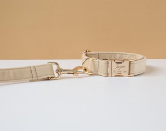 Set collare e guinzaglio per cani beige, collare per cane da ragazza con nome personalizzato inciso, regalo per cucciolo di piccola taglia per cane ragazzo, collare da sposa in velluto spesso