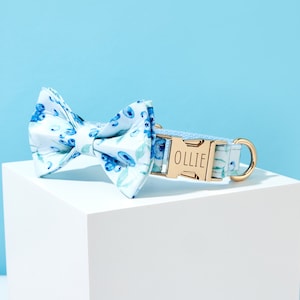 May include: A white and blue floral dog collar with a gold buckle that says "OLLIE". The collar is paired with a matching bow tie.