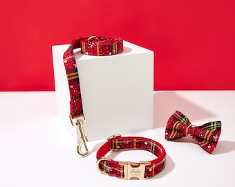Christmas Gift for Puppy Dog, Christmas Dog Collar, Personalized Dog Collar Bow, Dog Collar and Lead, Christmas Charm for Pet Dog