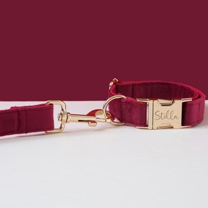 May include: Burgundy velvet dog collar and leash set with a gold buckle engraved with the name "Stella".