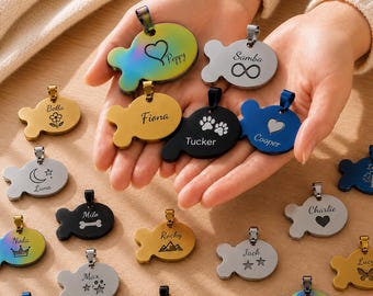 Personalized Pet ID Tag for Dogs & Cats, Fish Shaped Engraved Name Tag with Phone Number