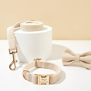 Könnte beinhalten: Ein beigefarbenes Hundehalsband und Leinen-Set mit einer goldenen Schnalle und einer passenden Fliege. Das Halsband hat ein personalisiertes Namensschild mit der Aufschrift "Angel" und einer Telefonnummer.