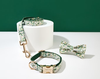 Floral Personalized Dog Collar and Leash Bow tie, Dog Collar for Girl Dog, Wedding Dog Collar,Puppy Collar and Lead Bow, UK Free Shipping