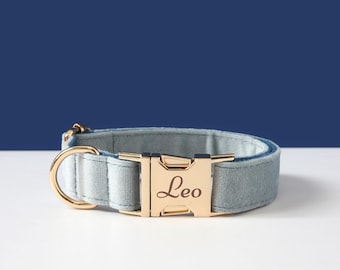 Dusty Blue Dog Collar and Leash Bow Dog Gift, Velvet Personalised Dog Collar Designer Collar,Custom Boy Puppy Collar and Lead for Girl Dog