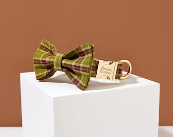 Plaid Personalized Dog Collar with Bow, Engraved Dog Collar and Leash Bow tie Set For Boy Dog, Green Plaid Dog Collar