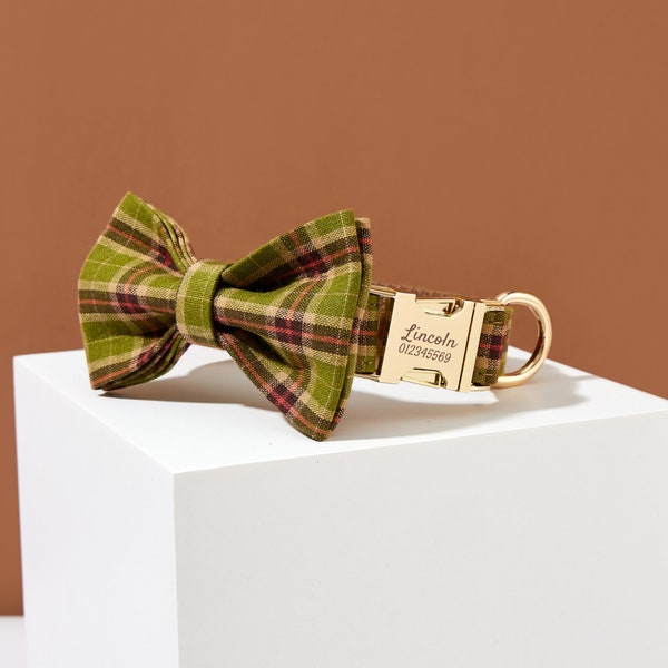 Plaid Personalized Dog Collar with Bow, Engraved Dog Collar and Leash Bow tie Set For Boy Dog, Green Plaid Dog Collar