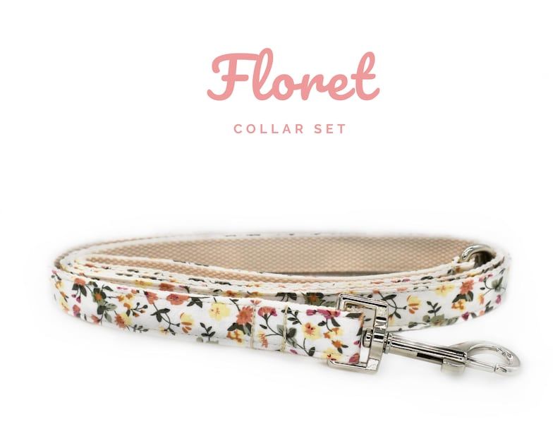 K&ouml;nnte beinhalten: Ein floral bedrucktes Hunde-Leinen- und Halsband-Set. Die Leine und das Halsband haben einen wei&szlig;en Hintergrund mit einem Muster aus kleinen gelben, orangefarbenen und gr&uuml;nen Blumen. Die Leine hat einen silbernen Metallverschluss und eine beige Innenseite.