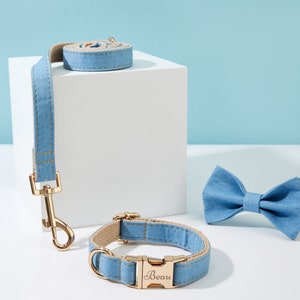 Denim Dog Collar Leash Bow Full Set, Personalized Denim Fabric Collar with Engraved Name,Small Boy Puppy Collar,Summer Dog Collar and Leash Collar+Leash+Bowtie