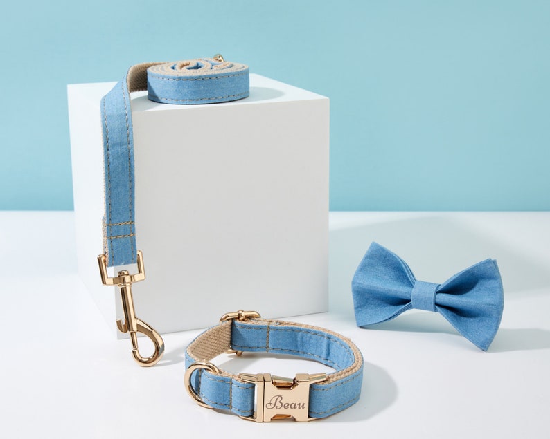 Denim Dog Collar Leash Bow Full Set, Personalized Denim Fabric Collar with Engraved Name,Small Boy Puppy Collar,Summer Dog Collar and Leash Collar+Leash+Bowtie