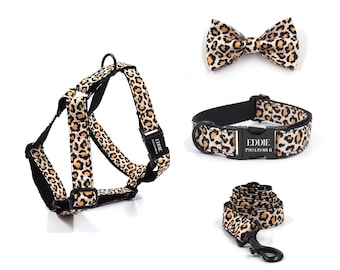 Leopard Step in Dog Harness and Leash Set, Personalized Harness with Name Collar Bow tie, Designer No Pull Harness, Luxury Dog Harness Set