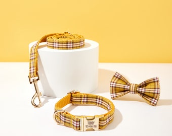 Yellow Plaid Personalized Dog Collar Leash Set, Tartan Dog Collar for Boy Dog, Wedding Dog Collar,Puppy Collar and Lead Bow,UK Free Shipping